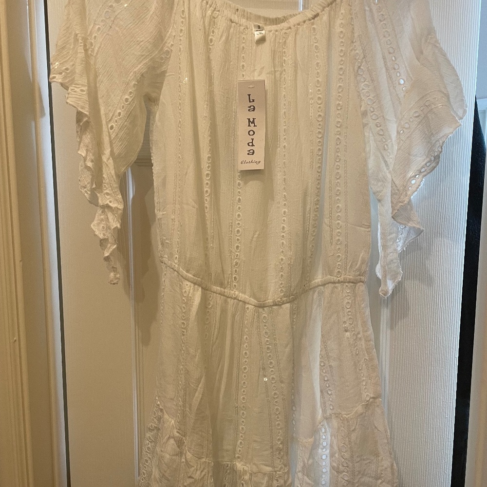 LA MODA CLOTHING Eyelet Off Shoulder Cover Up Romper